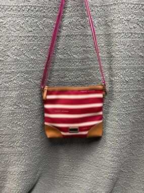 Tommy Hilfiger Coral and Cream Striped Women's Tote with Gold Plaque